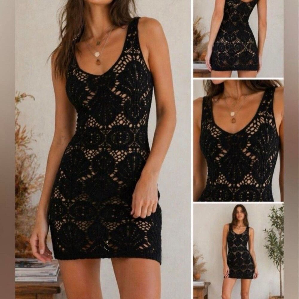 Free People Black Crochet Bodycon Mini Dress Boho Fairy Romantic Feminine XS/S